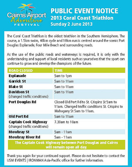 Coral Coast Triathlon Sunday 2 June 2013 - Road closures for Port Douglas