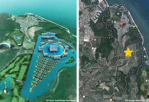 (Left) An impression of the Aquis Resort, and (right) the location of the development site in Yorkeys Knob.