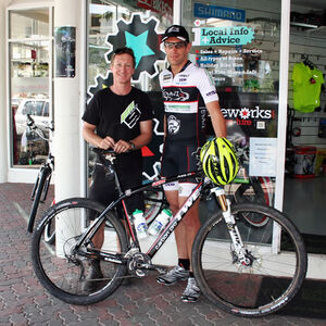 Thor Stovell from PD Bikeworks with Steve Rankine, who will ride the nine-stage Cocodile Trophy mountain bike challenge from this weekend. PIC Emma Groves