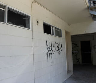 A broken window and more graffiti at Cafe Ecco. PIC Emma Groves