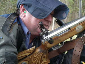 Ric Mischlewski in action at 400m with his new Full-bore Target Rifle (rear peep sight very evident above the bolt handle), which stood him well in the competition. PIC Steve Cruickshank