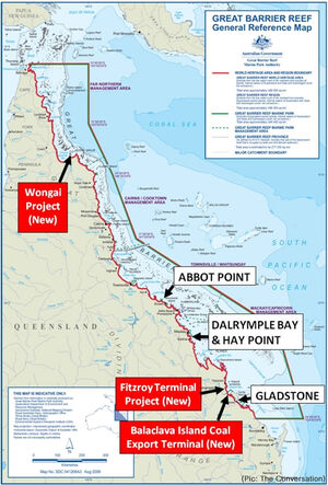 Coal terminal developments on the Queensland coast, in relation to the Great Barrier Reef. (Pic: The Conversation)
