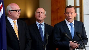 (L-R) Attorney General George Brandis, Minister for Employment Eric Abetz and PM Tony Abbott at press conference at Parliament House in Canberra. (Pic: News Limited)